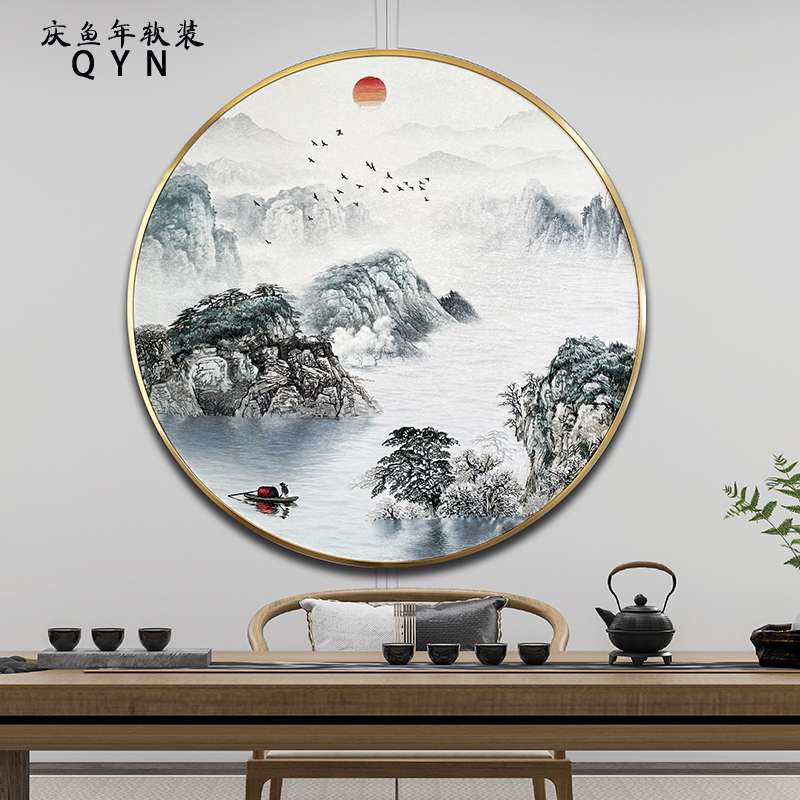 山水风景立体刺绣挂画客厅入户圆形装饰画大尺寸新中式玄关画寓意图片