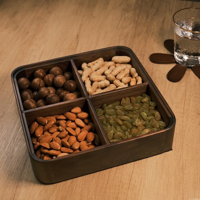 黑胡桃木四格坚果盘糖果盒实木质高档茶几客厅带盖点心水果干果盘
