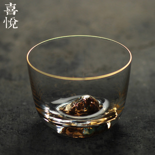 喜悦茶铺/日式手工藏金玻璃茶杯主人杯耐热透明水晶锤纹杯/富士山