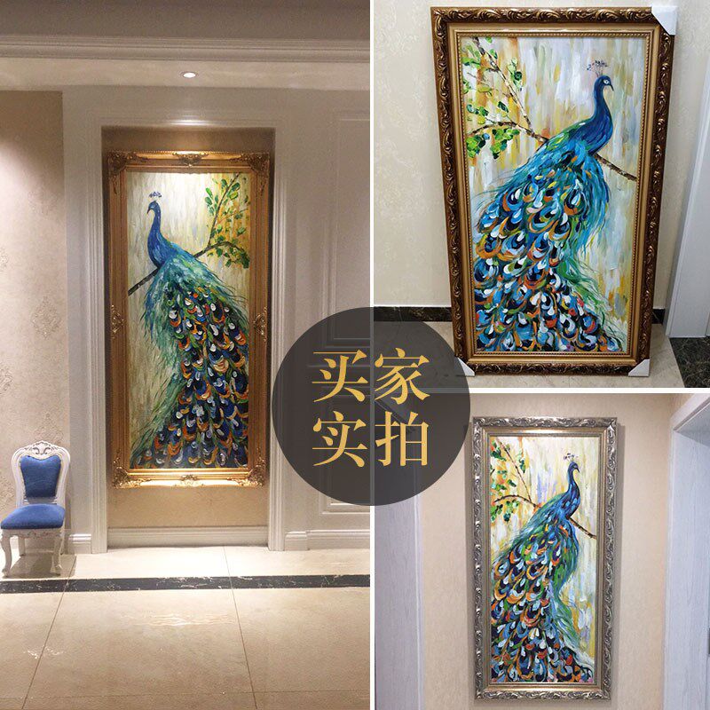 大芬村纯手绘欧式雀油画玄关走廊竖挂画别墅现代装饰画