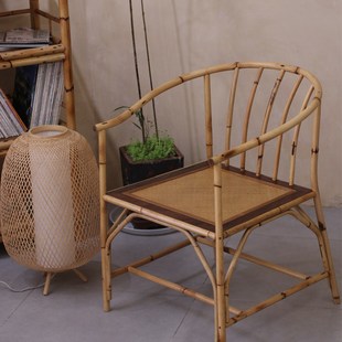 赋石工坊大漆竹藤带扶手圈椅明式仿古家具休闲靠背茶椅人椅客椅