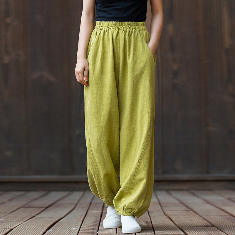 女士新款休闲裤春夏女装复古砂洗苎麻竹节长裤女式简约灯笼瑜伽裤 - sucinda素心禅舍出品
