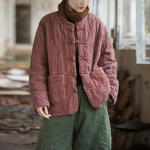 新中式秋冬棉麻手工扎染棉衣女士新款夹棉加厚棉服盘扣禅意外套