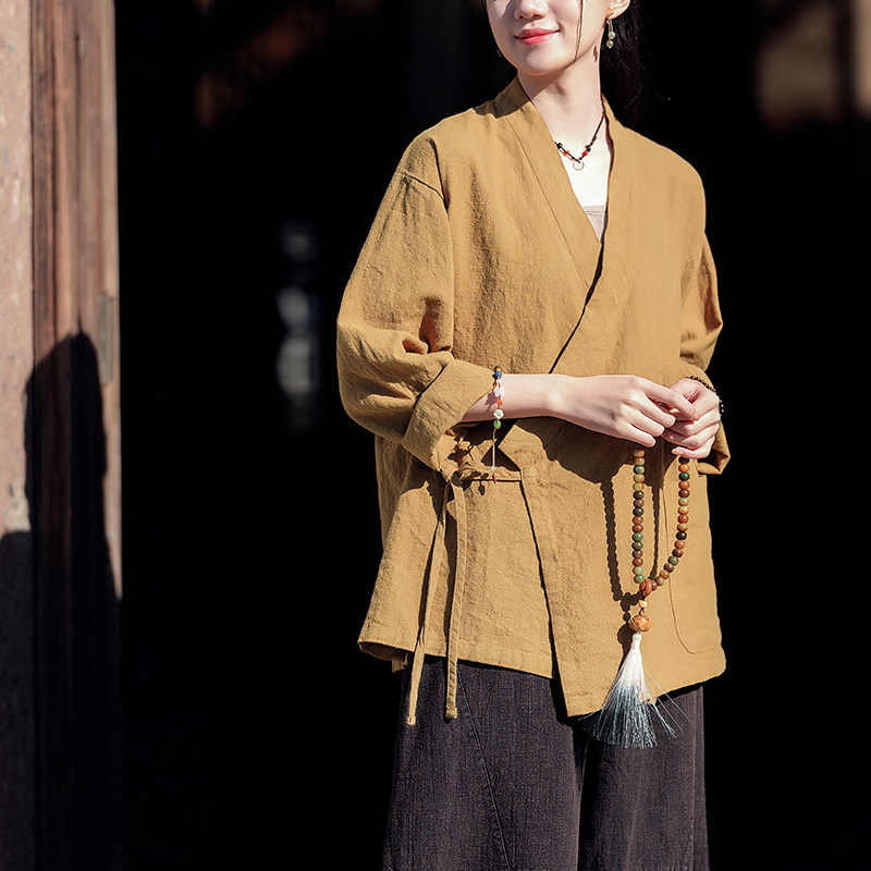 女装新款复古禅意斜襟宽松棉麻系带汉服改良上衣外套女式禅茶服