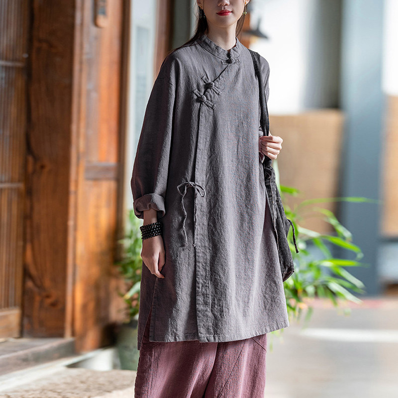 女士中长款棉麻盘扣斜襟系绳纯色衬衫新中式复古禅意茶服时尚上衣