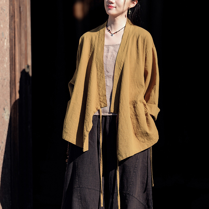 棉麻女装新款复古禅意斜襟宽松亚麻系带汉服改良上衣外套女式茶服