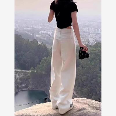 白色天丝牛仔裤女小个子2025夏季新款宽高腰松直筒窄版阔腿裤子薄