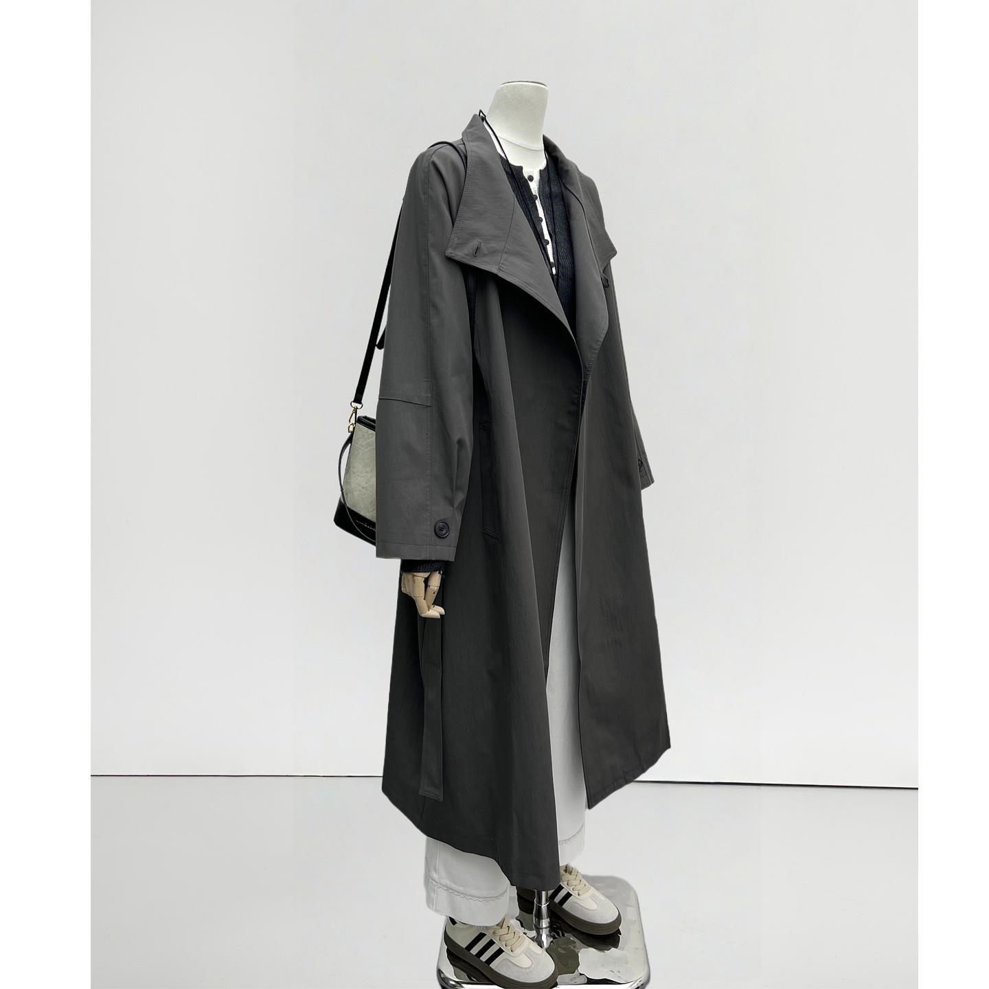 深灰色立领风衣外套2025秋季女韩系高级感廓形中长款气质过膝大衣