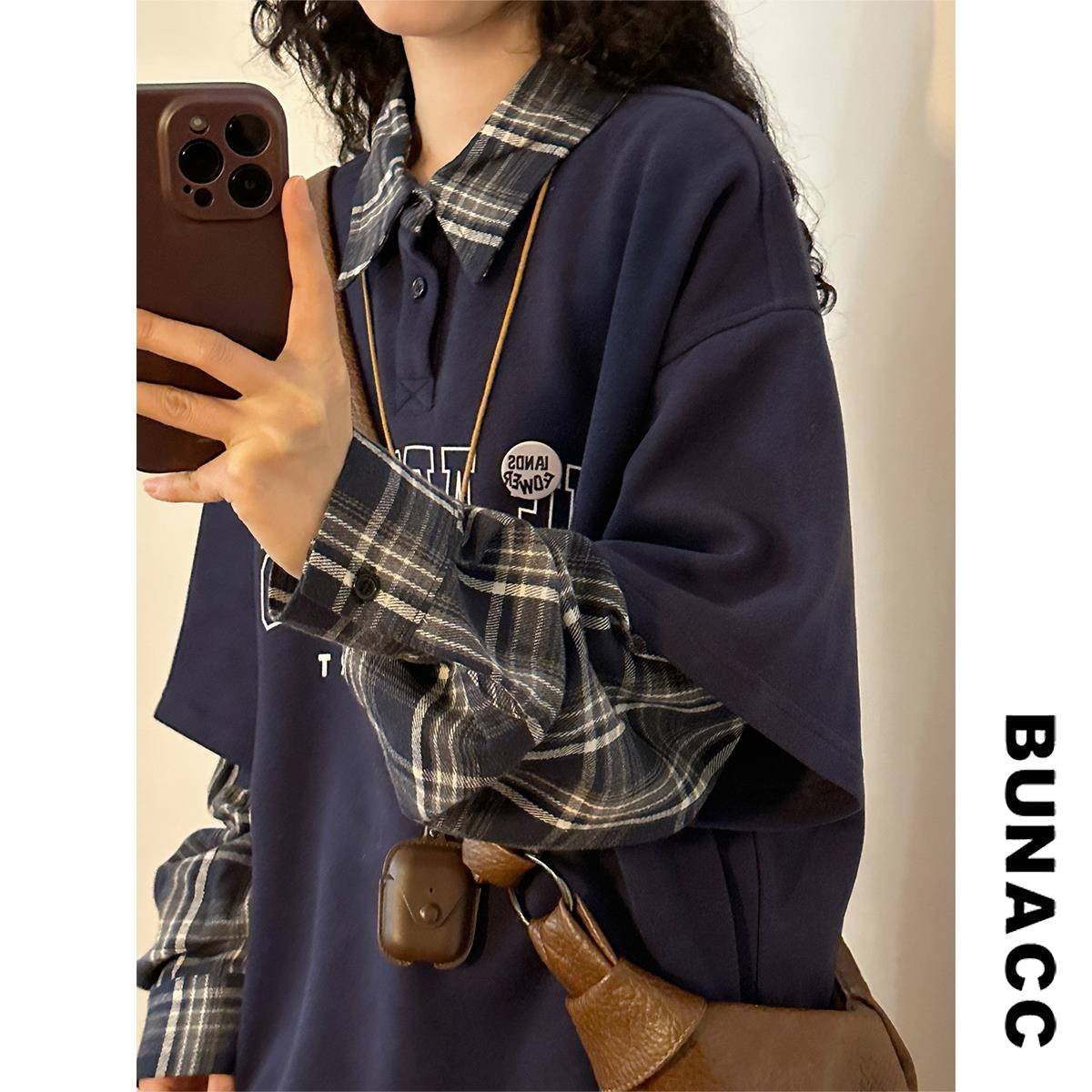 BUNACC美式覆古拼接格子假两件POLO领卫衣小个子长袖T恤上衣女ins
