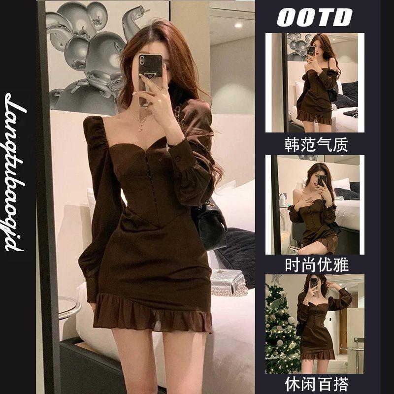 法式重工棕色缎面连衣裙纯欲包臀裙子宴会女气质生日party小礼服