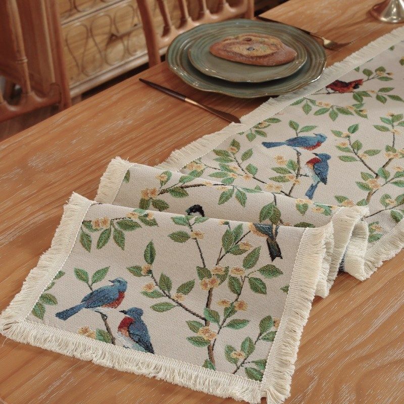 绿色桌旗复古油画玄关柜旗提花in风流苏盖布茶几电视柜餐边柜巾