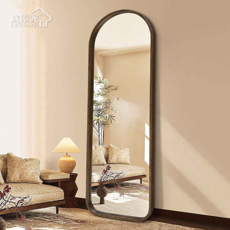 中古实木穿衣镜拱形全身镜子壁挂墙家用试衣镜玄关入户侘寂装饰镜