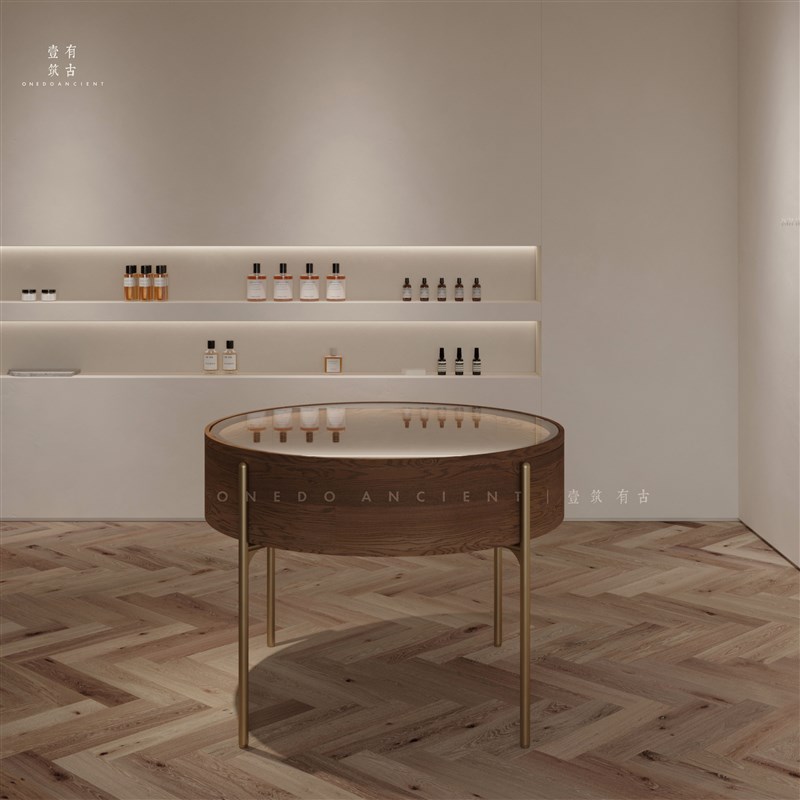 圆形多功能玻璃中岛展柜珠宝首饰眼镜精品展示柜子不锈钢镀金定制