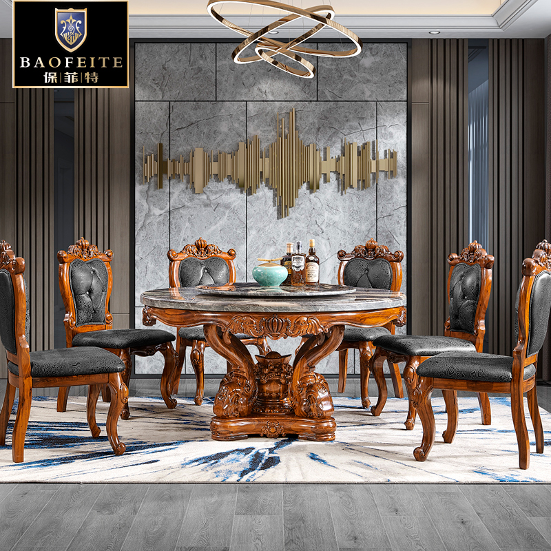 乌金木豪华餐厅家具欧式实木雕花餐台大理石桌面大象餐桌椅组合