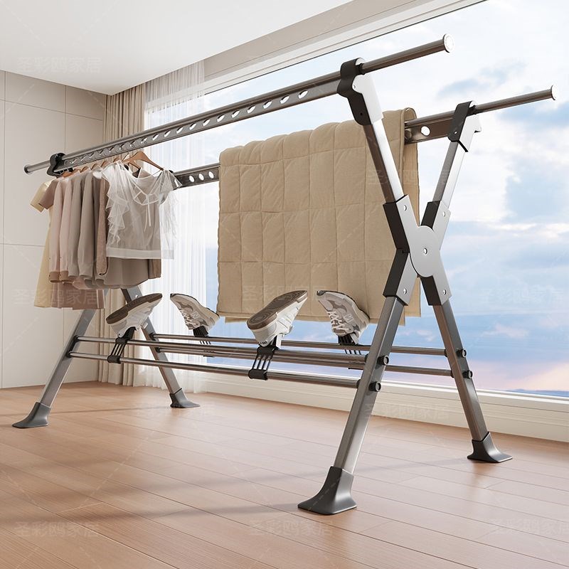 可折叠家用可伸缩落地式防风抗倒加粗落地家用卧室阳台晾衣架