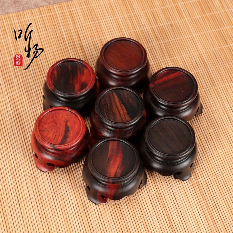 实木大红酸枝微型盆栽展示木托整木铭杯花器铜葫芦核桃摆件圆底座