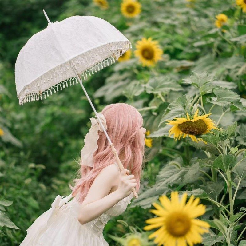 白月光自制古董珍珠蕾丝流苏法式小洋伞婚纱摄影道具