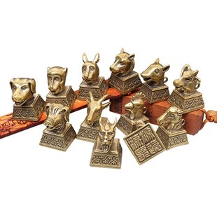 黄铜圆明园古玩铜器方形十二生肖一兽首鼠牛虎兔龙印章挂件