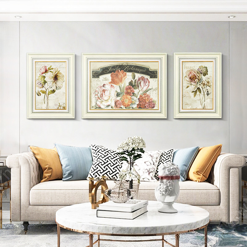 欧式客厅装饰画复古沙发背景墙三联画卧室卉田园简欧壁画法式
