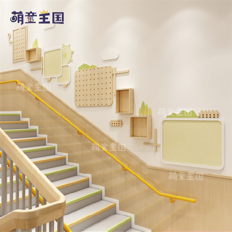 幼儿园环创楼梯间走廊过道实木与pvc碰撞文化墙简约风自然主题