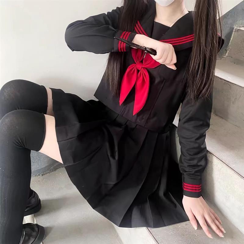 黑红水手服(送飞机盒)正统jk制服甜美海军风黑三本短袖夏服学院风