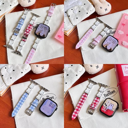 日系米菲兔格子纹表带适用苹果手表秋冬iwatch手表细款se高级感表带s8代苹果表带女高级感s7