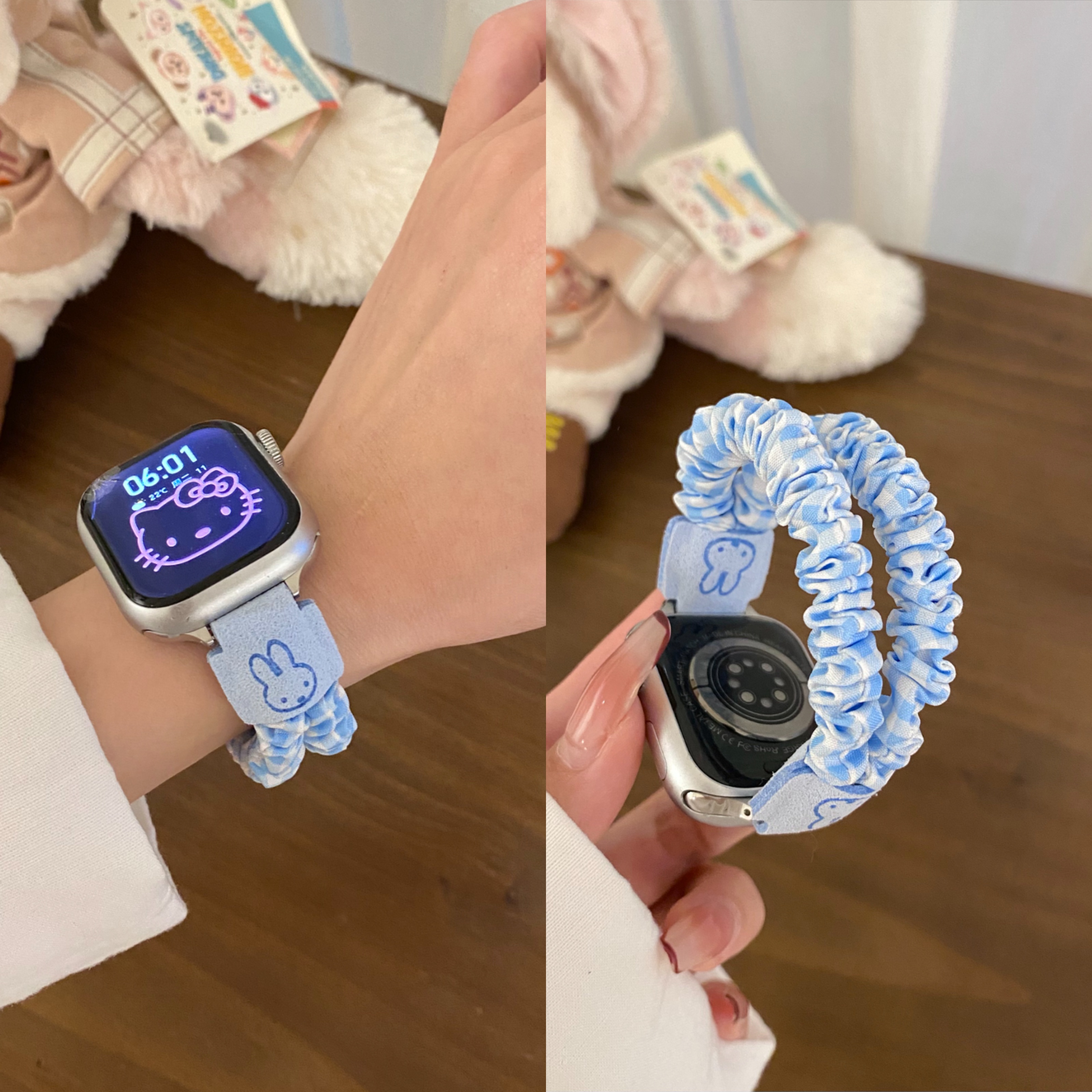 日系软萌米菲兔格纹发圈苹果表带