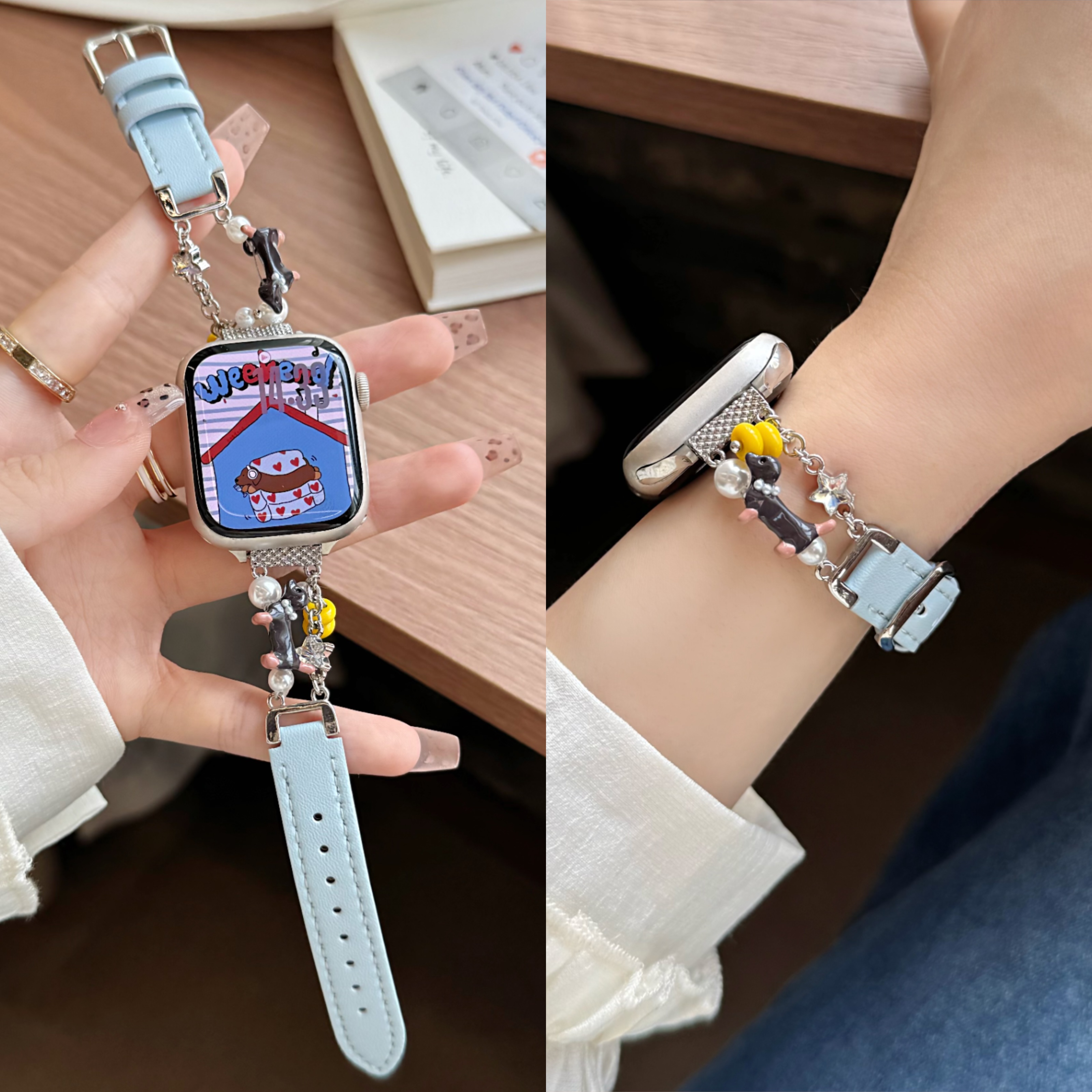 适用苹果手表S11腊肠狗拼皮表带