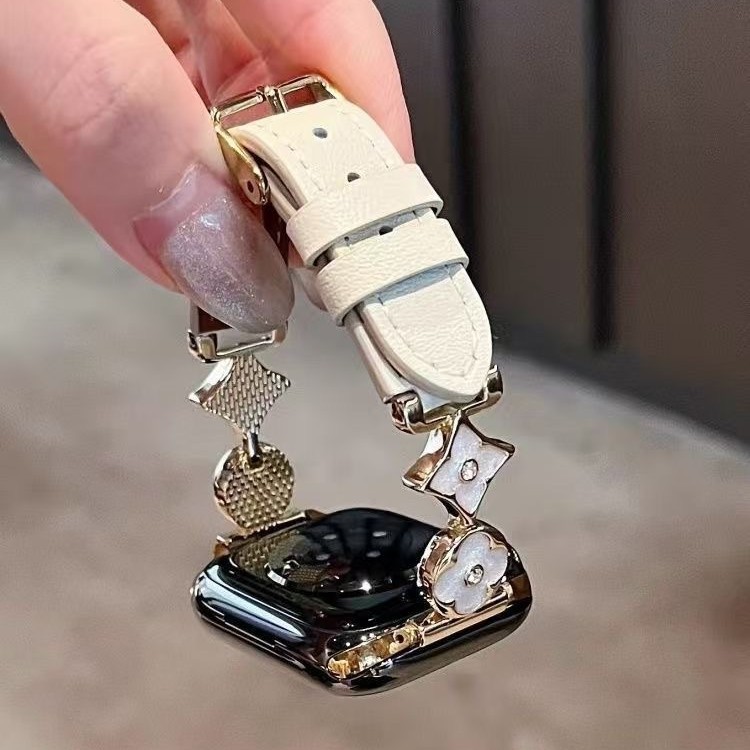 适用苹果手表金属四叶草拼皮表带