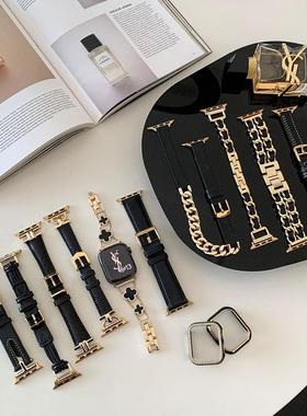 小香风黑金系列真皮金属表带适用iwatch11轻奢高级感女款苹果手表表带applewatch10987气质se高颜值ultra腕带