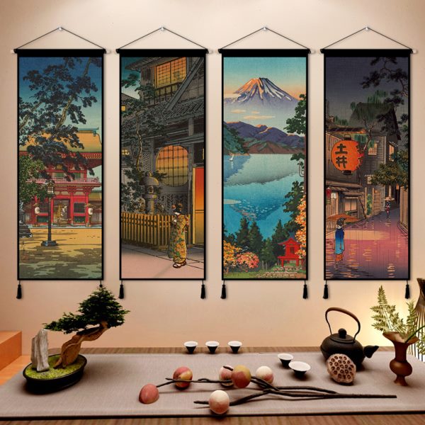 装饰画挂毯壁画日式卧室挂画布艺风客厅墙面装饰浮世绘格挂布墙布图片