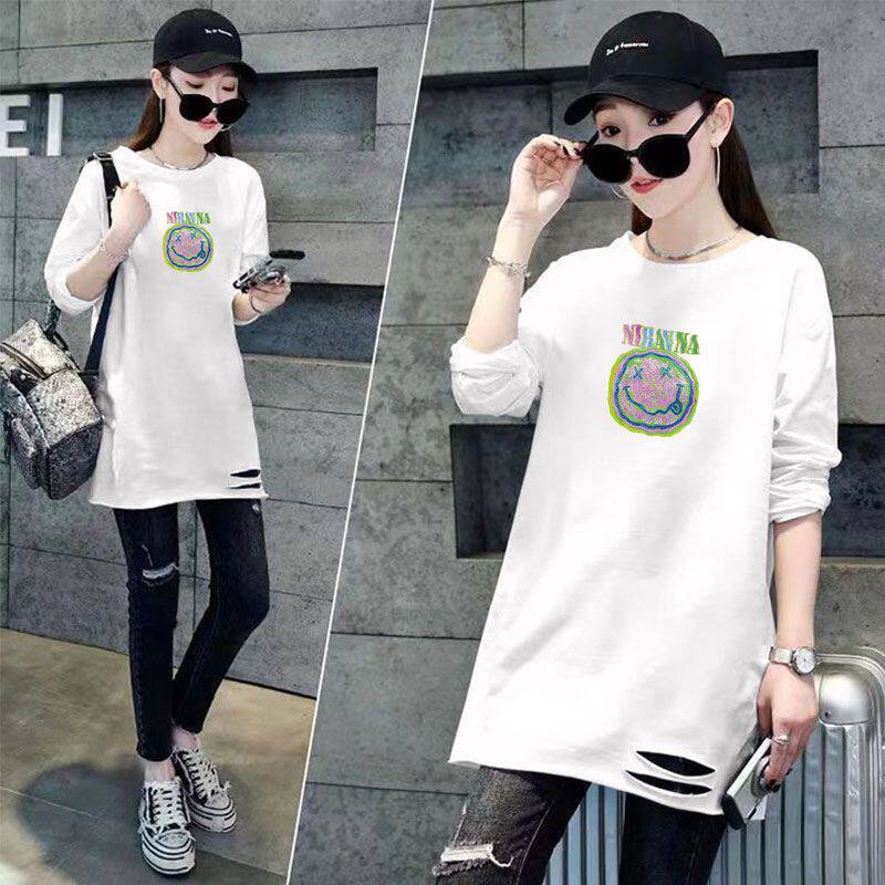 白色纯棉长袖T恤女打底衫春秋款韩版宽松圆领破洞中长款上衣女ins