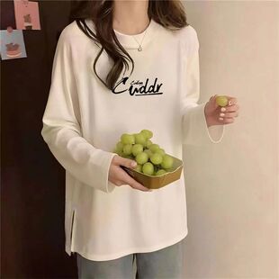 100纯棉圆领长袖打底衫女秋冬季韩版通勤洋气简约ins中长款上衣女