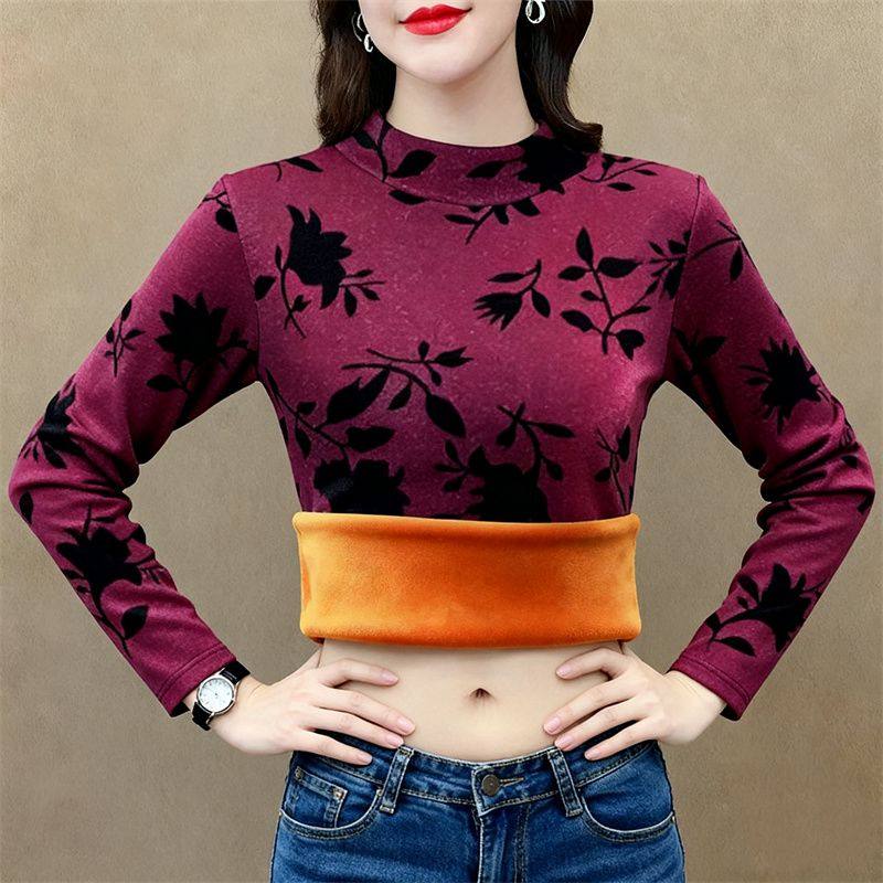 秋冬季时尚大码加绒打底衫女韩版休闲显瘦百搭保暖加厚长袖上衣女