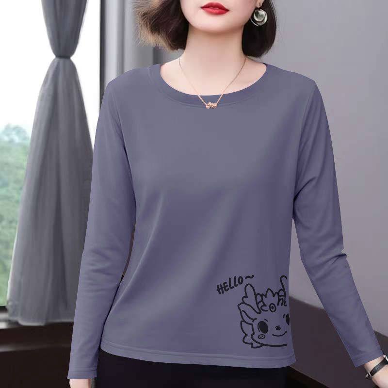 纯棉大码长袖t恤女打底衫秋冬季洋气宽松显瘦时尚简约气质上衣女