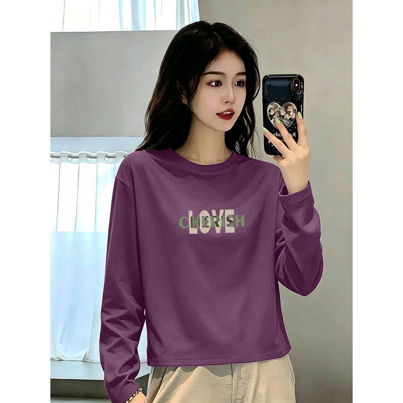 100%纯棉长袖印花短款女T恤
