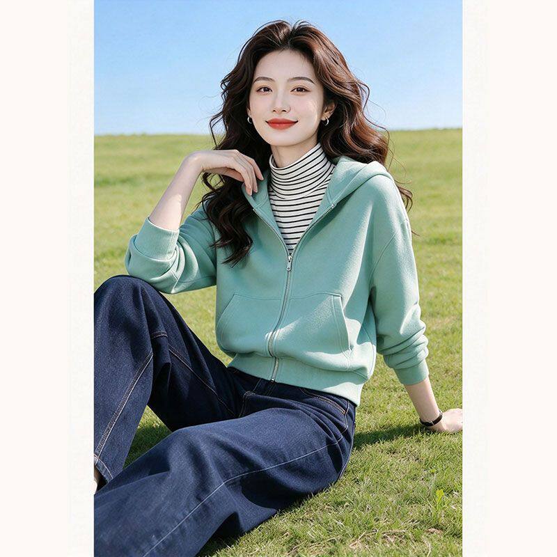 纯棉连帽拉链开衫卫衣女秋冬