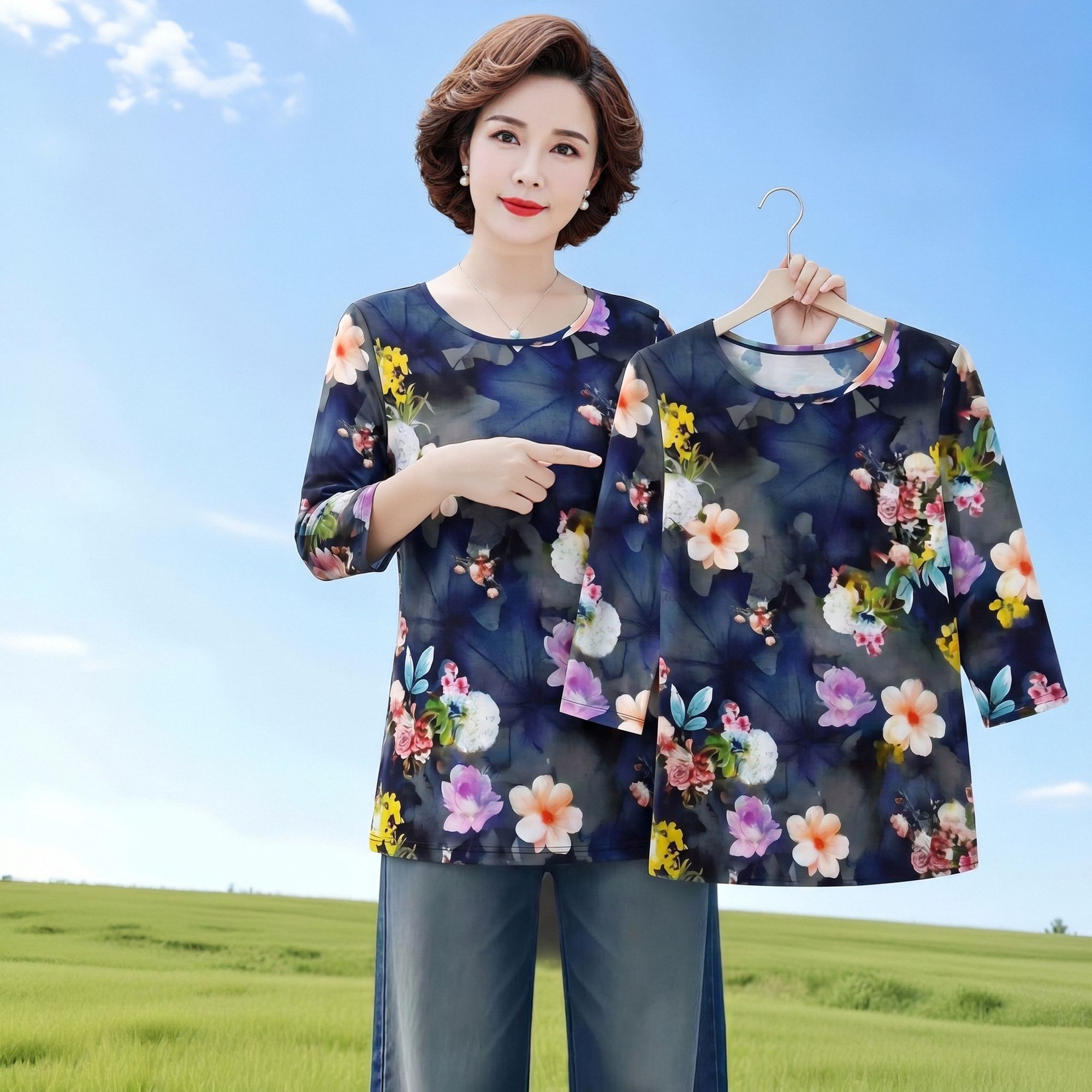 时尚圆领冰丝t恤女夏季韩版上衣