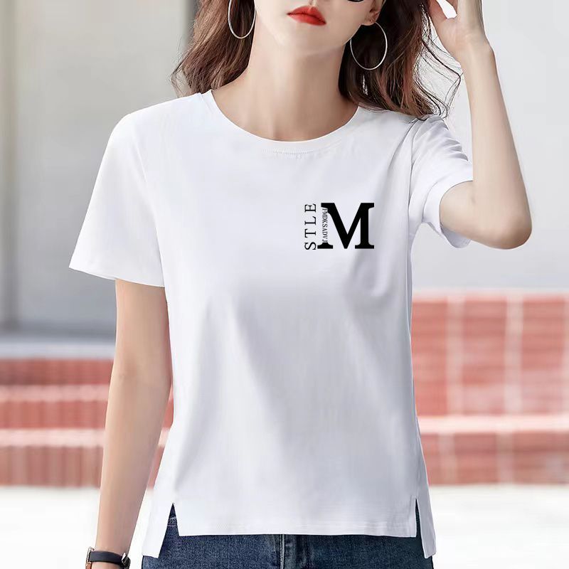 夏季白色纯棉女士t恤短袖时尚休闲百搭小个子短款开叉半袖上衣女