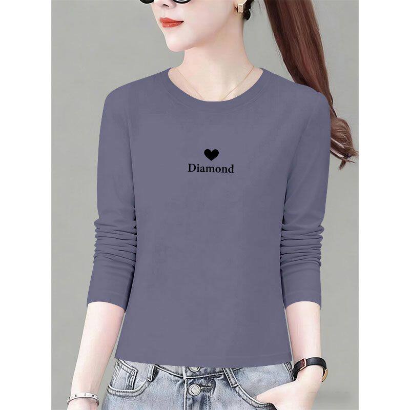 100纯棉圆领长袖打底衫女秋冬季韩版显瘦时尚宽松短款气质上衣女