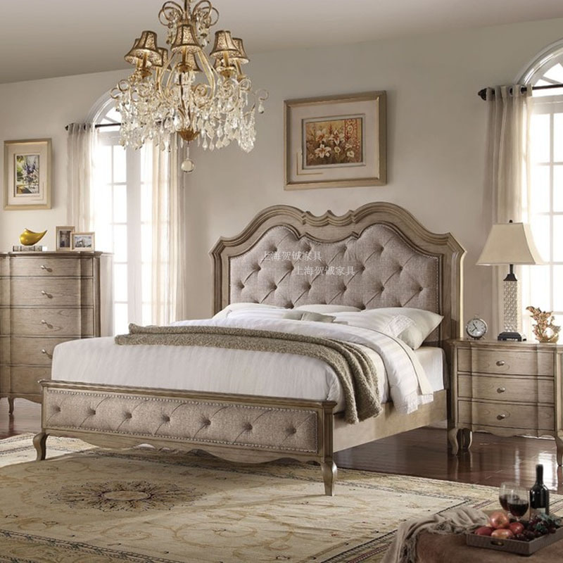 美式纯实木床双人橡木1.8米大床卧室组合家具斗柜复古做旧布艺床