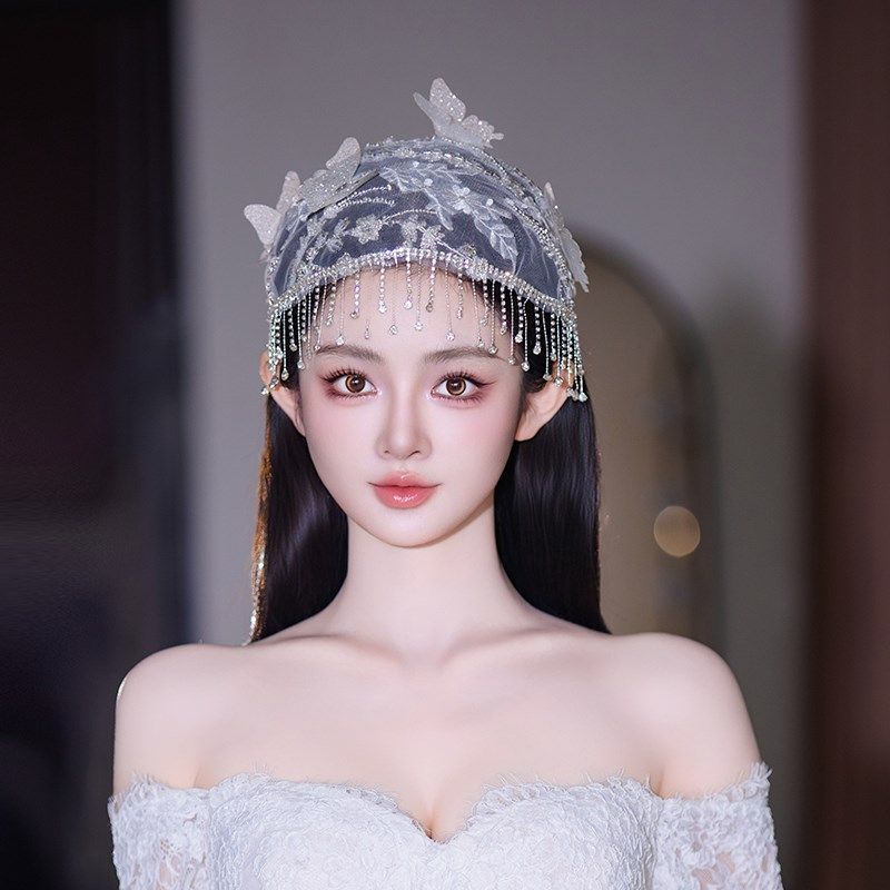 新款新娘头饰蕾丝唯美手工覆古小众时尚帽子发饰水母流苏帽发饰