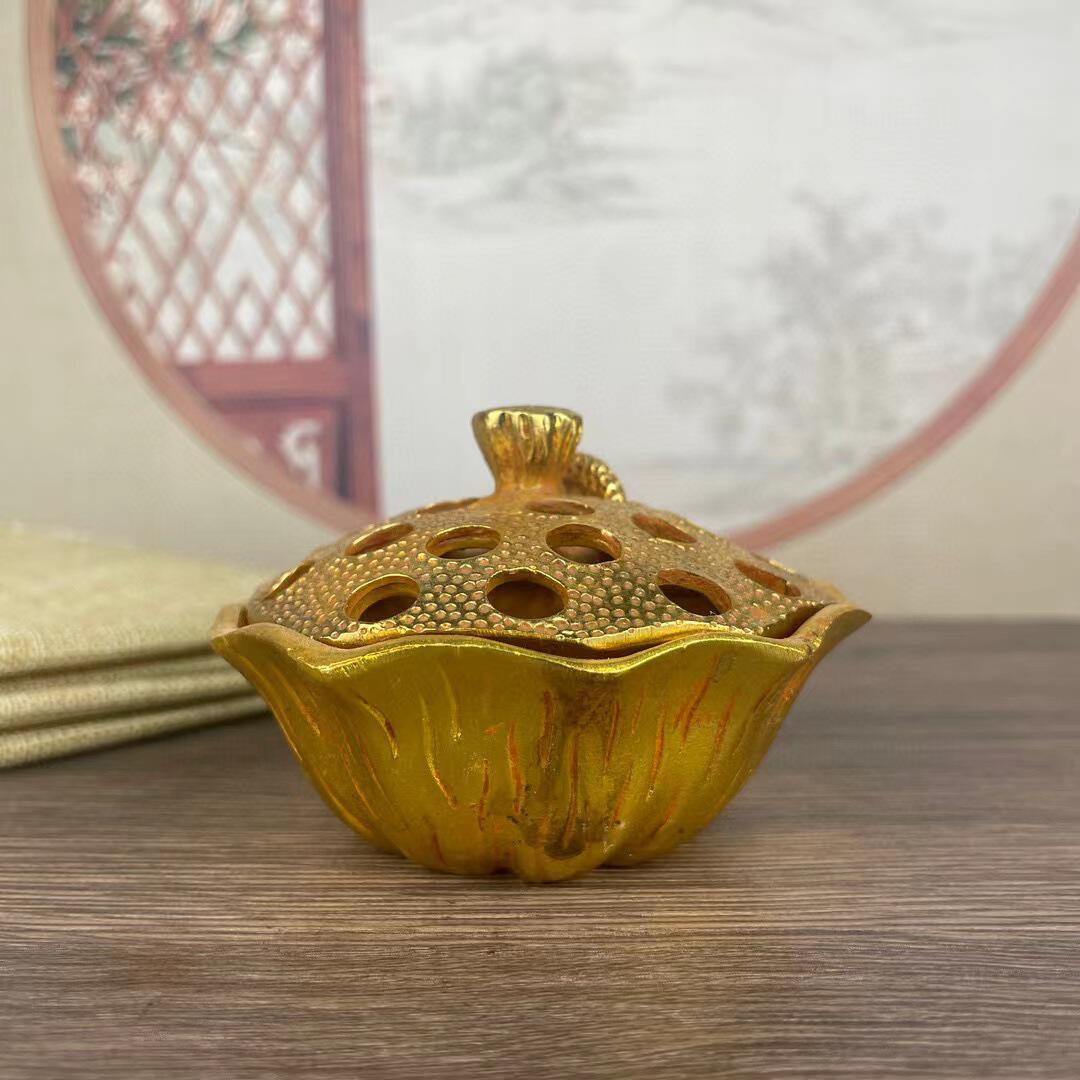 古董鎏金铜老物件浮雕莲花莲藕薰香炉古玩杂项旧货收藏品