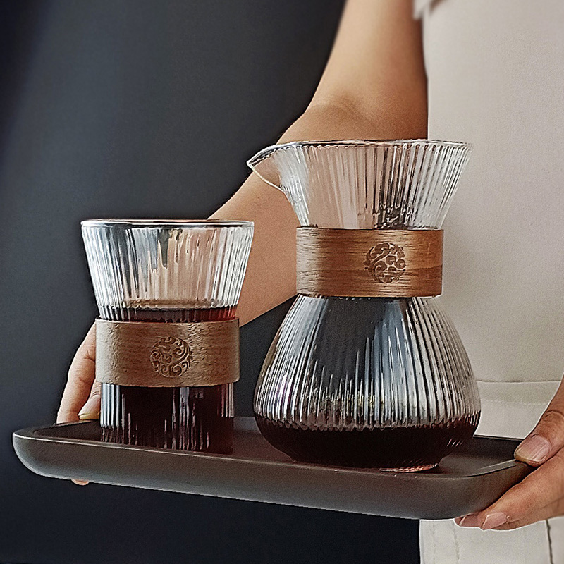 新款竖纹一体咖啡壶耐热玻璃分享壶可加热手冲咖啡壶套装过滤器具