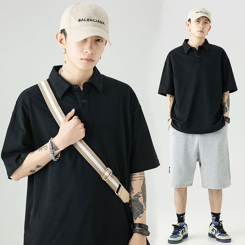 2025新款短袖polo衫男款夏季美式黑色宽松翻领T恤可定制百搭班服