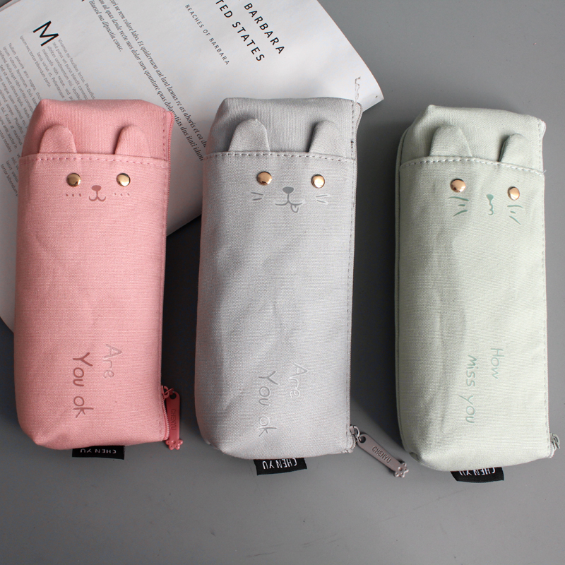 简约小清新棉布笔袋 可爱卡通猫咪铅笔袋 学生双拉链大容量文具袋