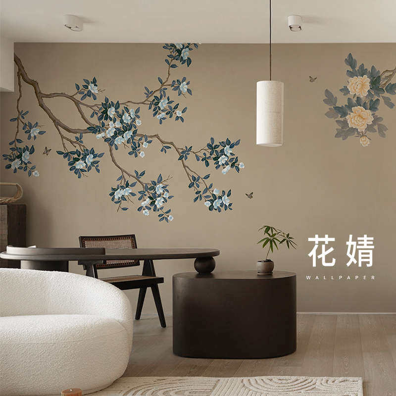 新梅牡丹壁画客电视背景墙壁纸中古风卧室书房墙布