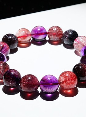 天然黑加仑彩超七手链女单圈金草莓云母片骨干满发丝紫红超七水晶