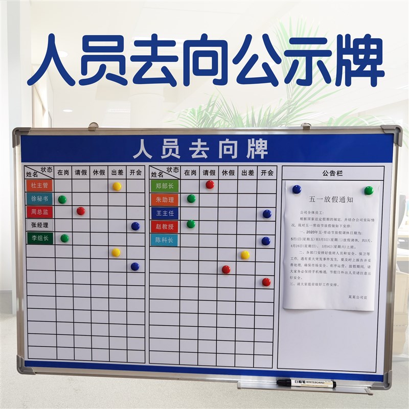 工作人员工去向公示牌磁性易擦硬白D板移动办公司车间生产管理看