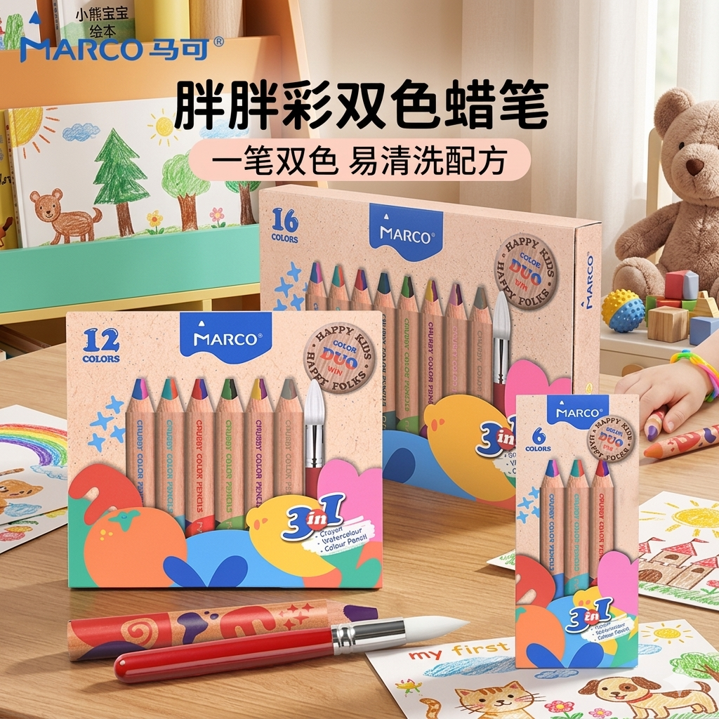 Marco马可胖胖彩儿童蜡笔幼儿园专用不脏手双色蜡笔婴幼儿绘画启蒙可水洗油画棒小学生专用宝宝彩色蜡笔画笔